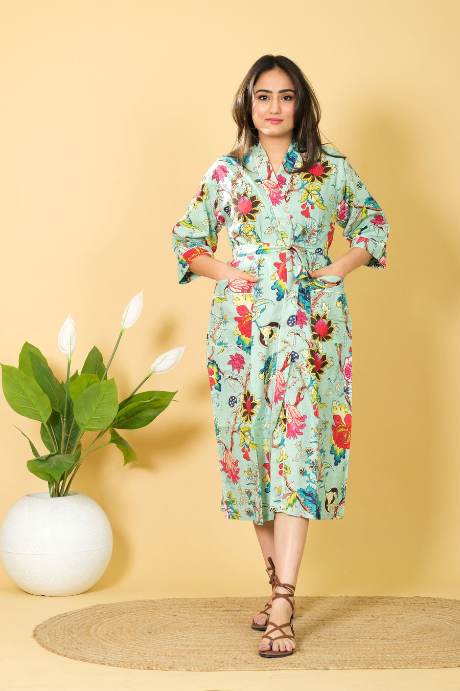Natural Sea Green Color Cotton Bathrobe For Women Floral Design