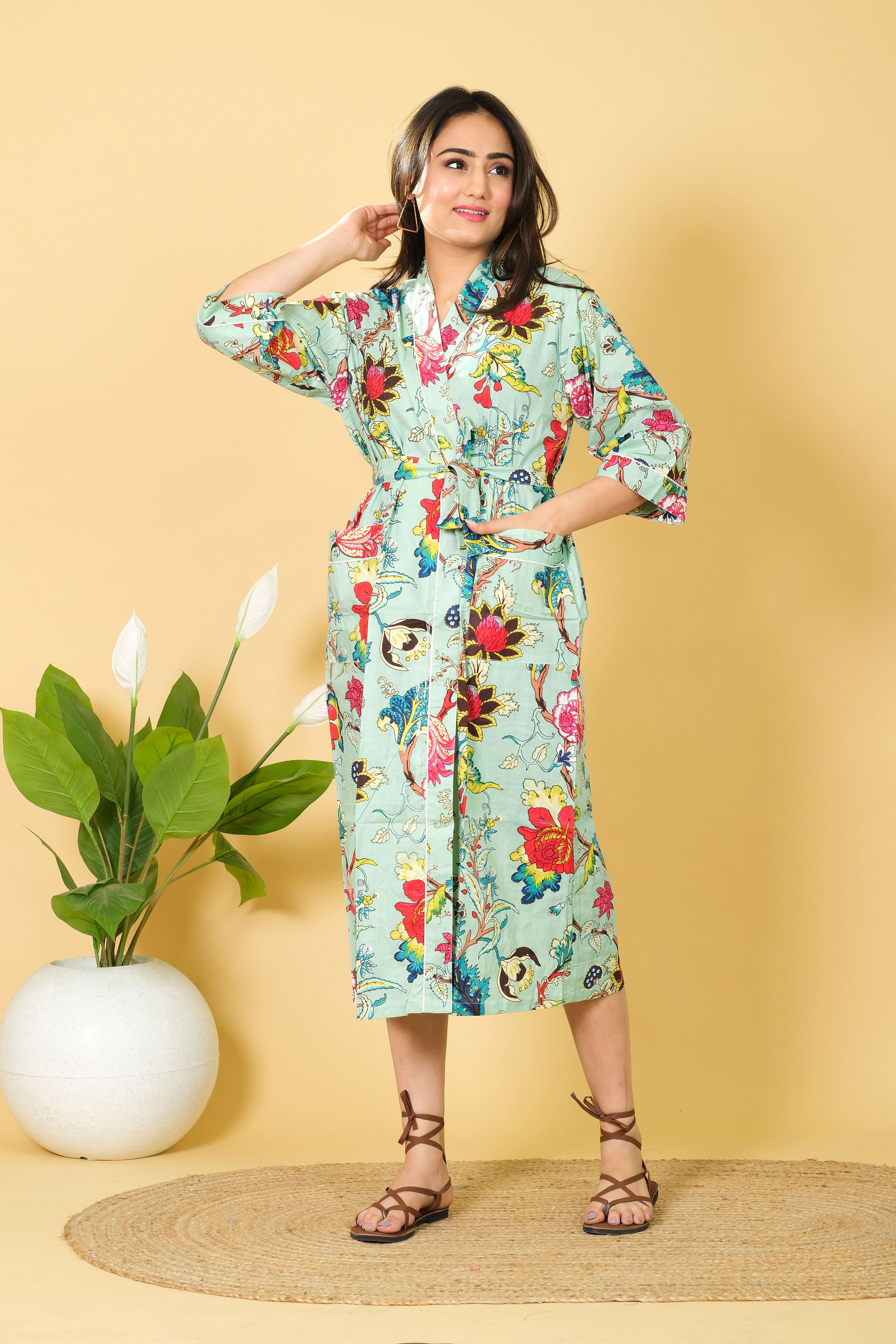 Natural Sea Green Color Cotton Bathrobe For Women Floral Design