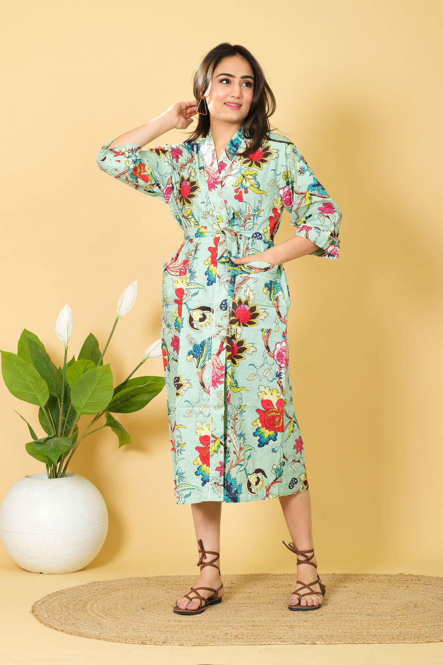 Natural Sea Green Color Cotton Bathrobe For Women Floral Design