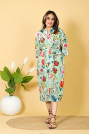Natural Sea Green Color Cotton Bathrobe For Women Floral Design