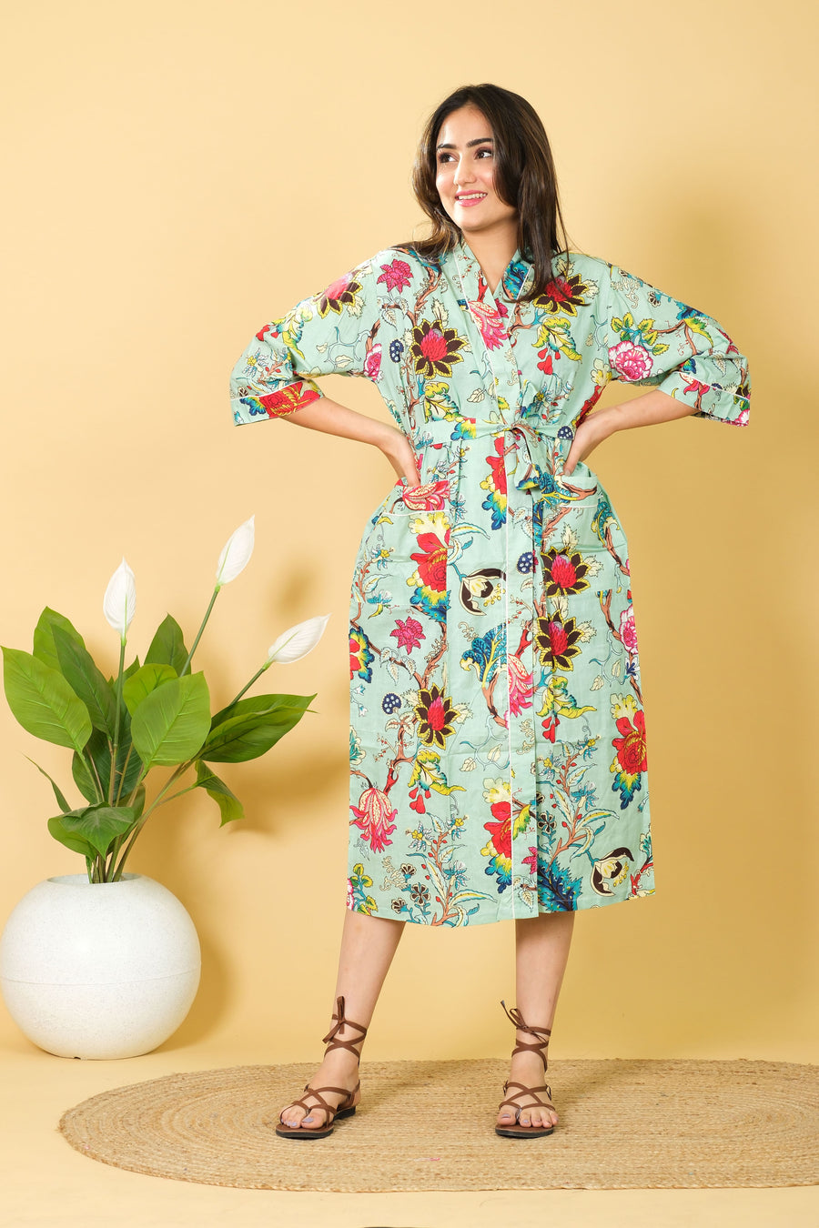Natural Sea Green Color Cotton Bathrobe For Women Floral Design
