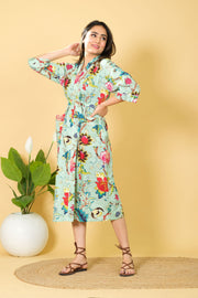 Natural Sea Green Color Cotton Bathrobe For Women Floral Design