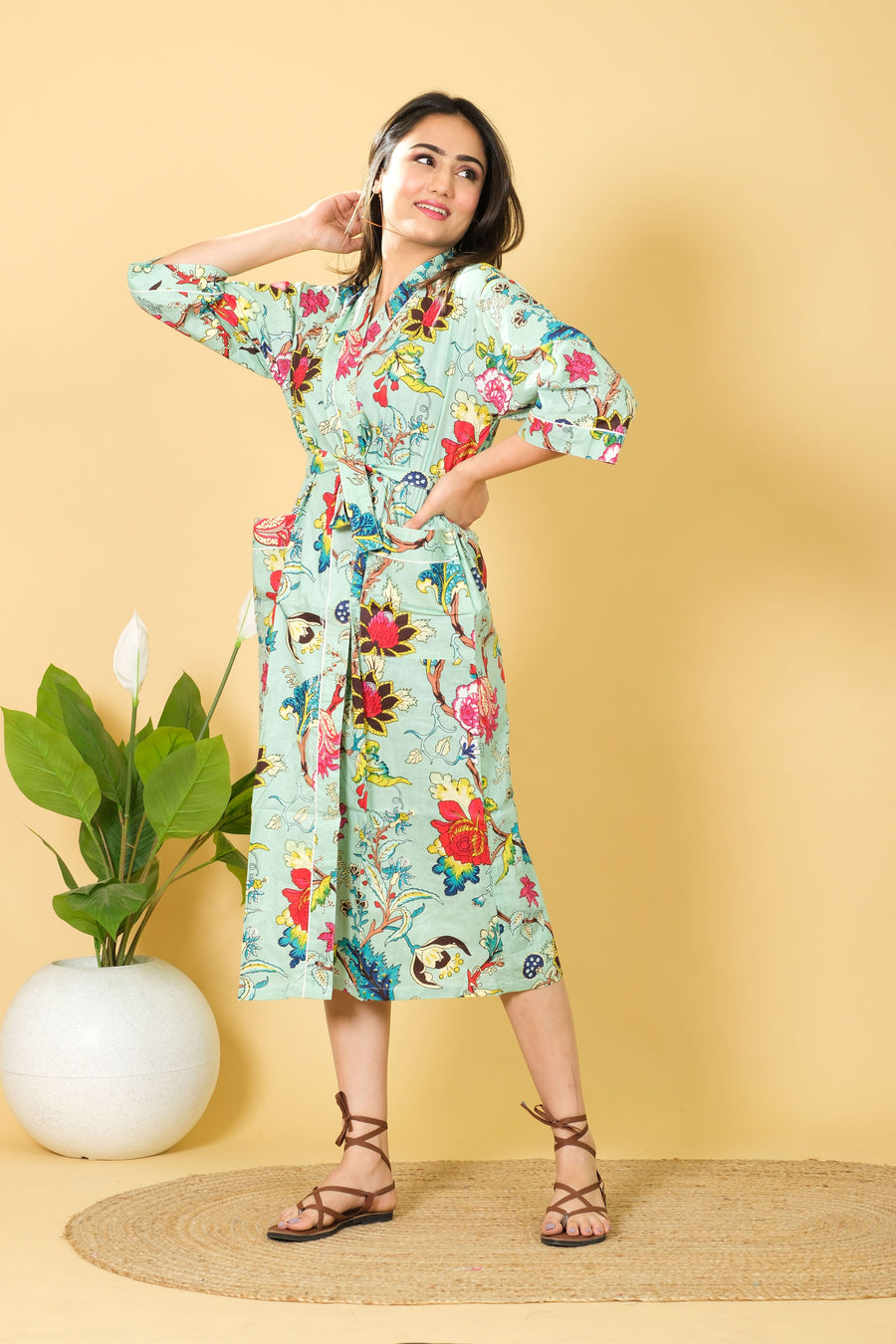 Natural Sea Green Color Cotton Bathrobe For Women Floral Design