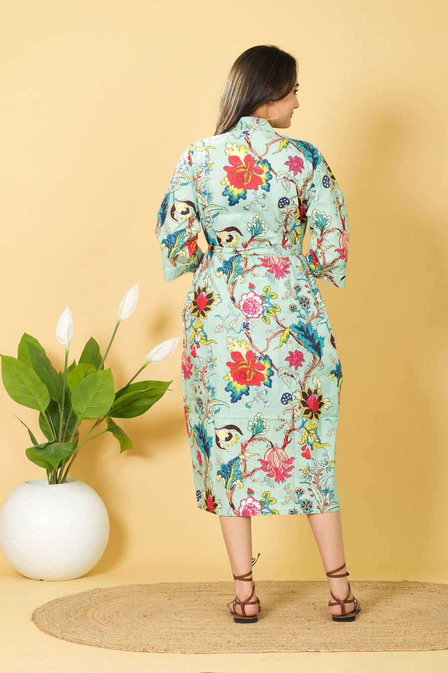 Natural Sea Green Color Cotton Bathrobe For Women Floral Design