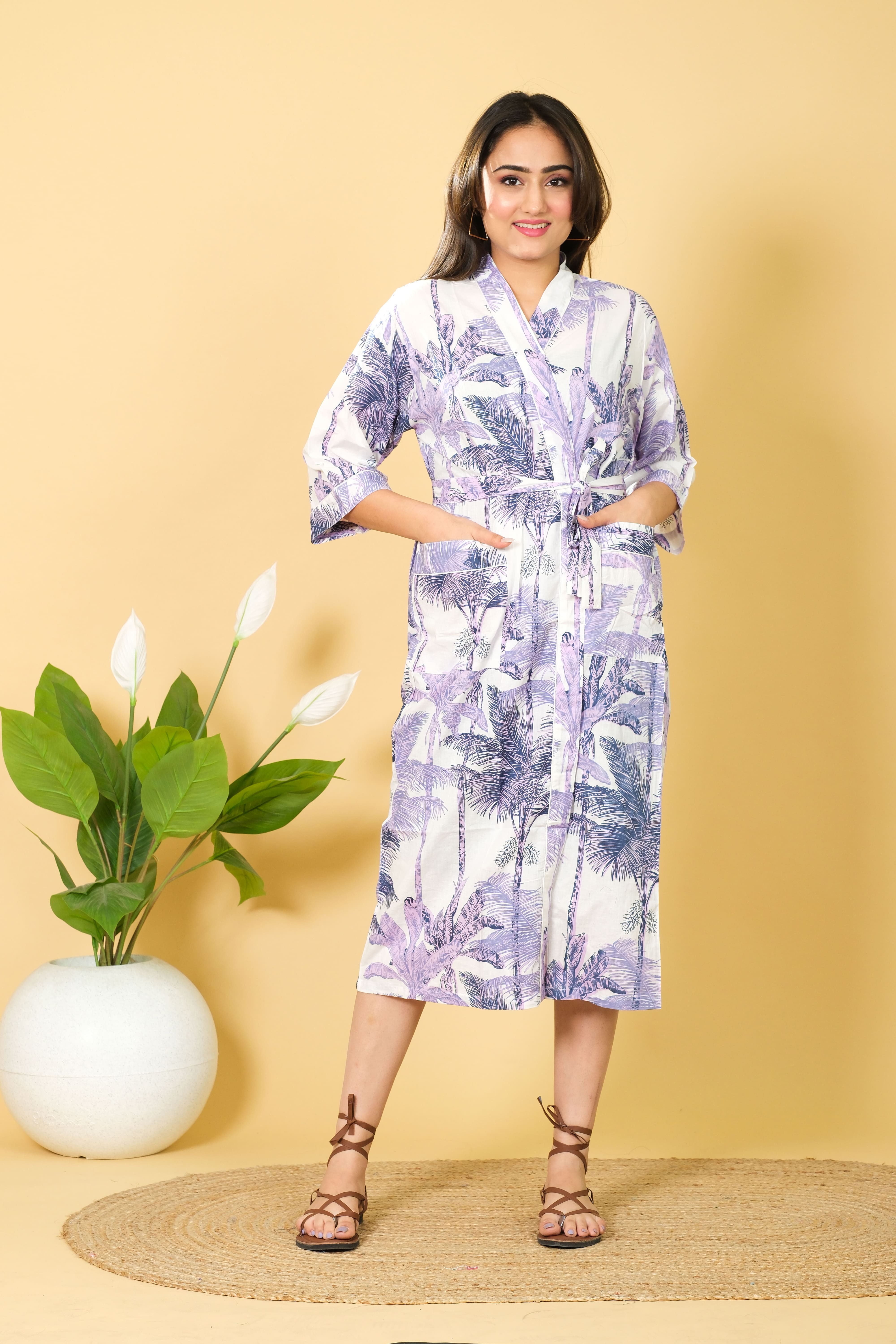 White Color Bathrobe for Women Handmade Palm Tree Pattern Design