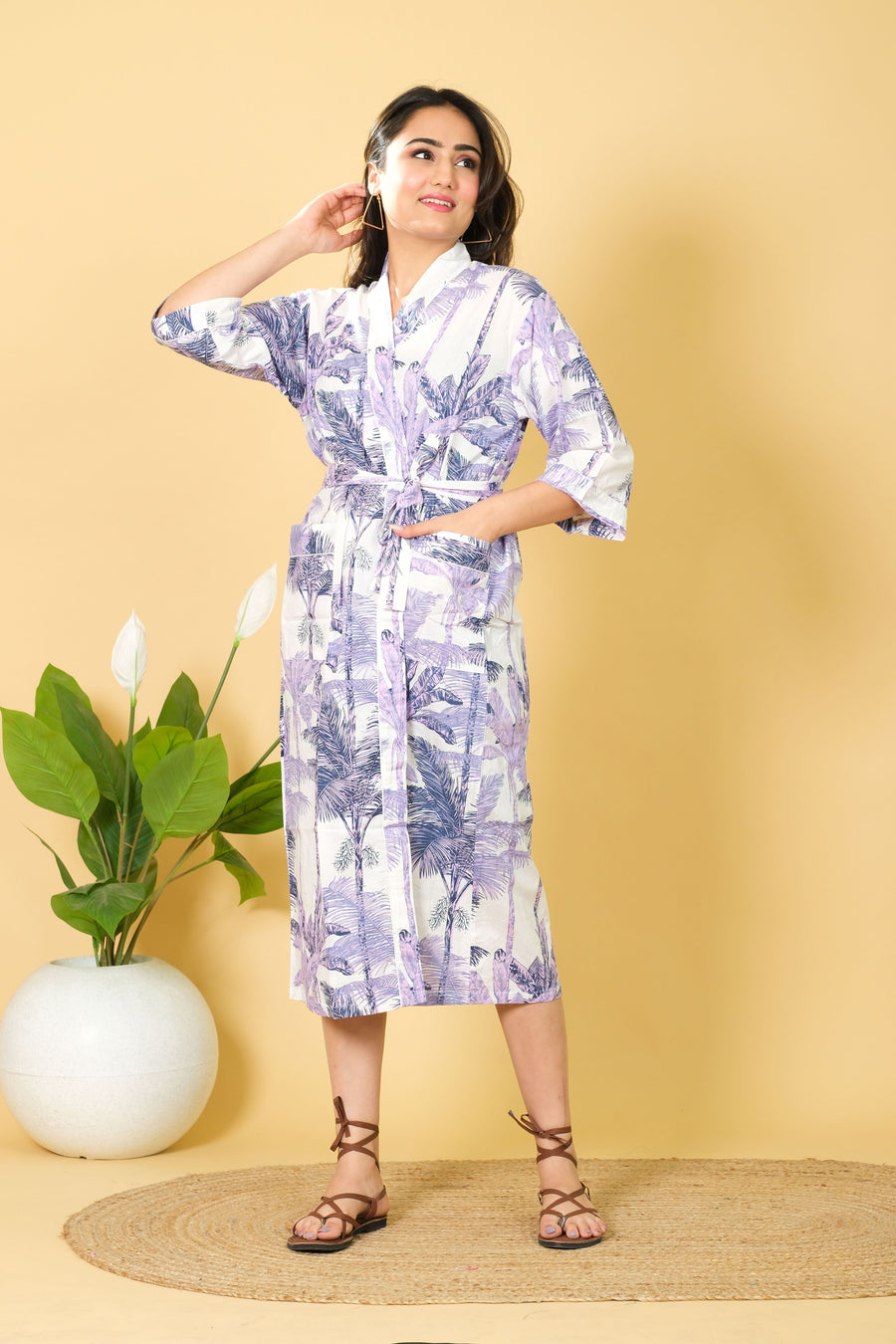 White Color Bathrobe for Women Handmade Palm Tree Pattern Design