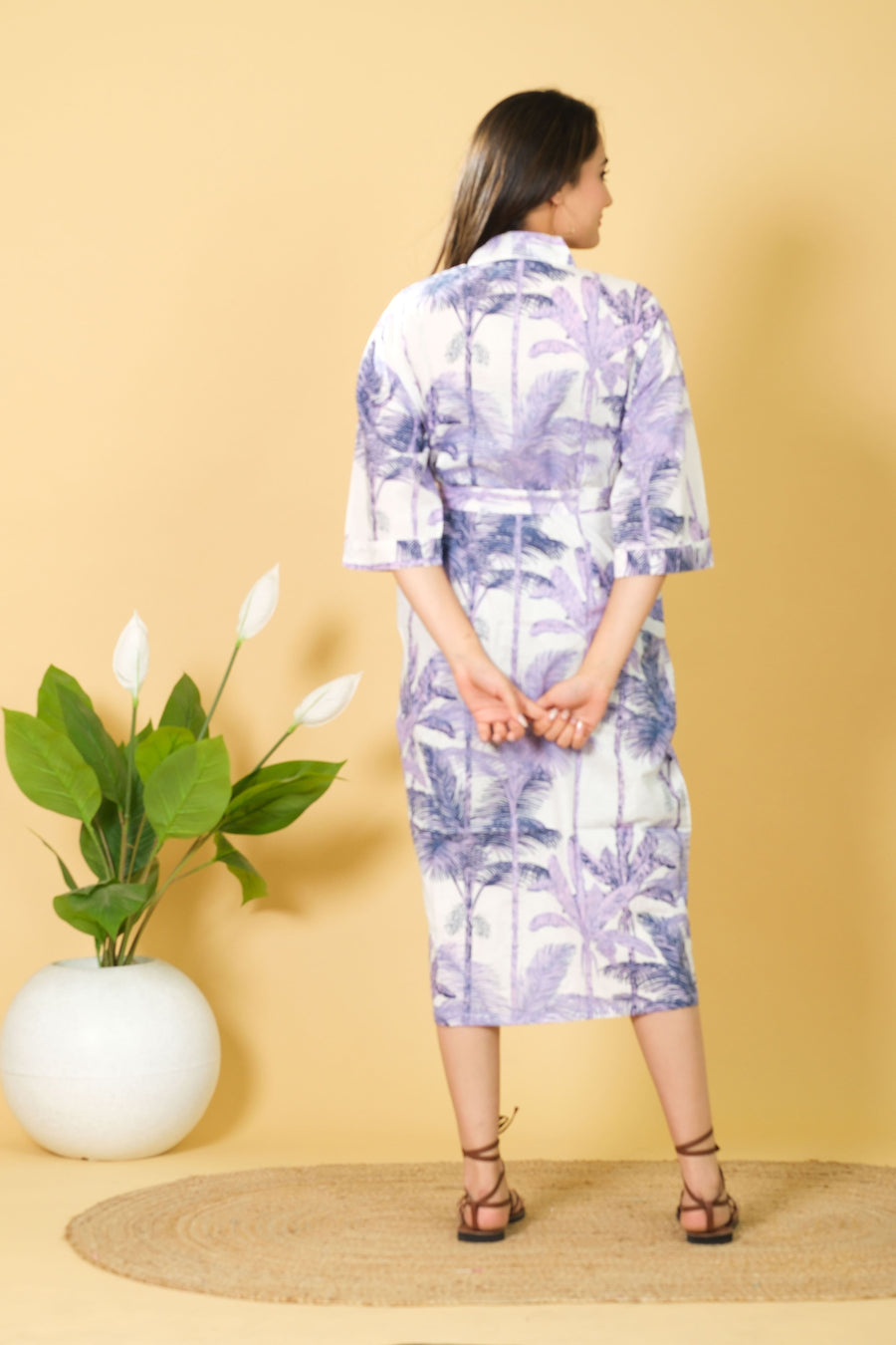 White Color Bathrobe for Women Handmade Palm Tree Pattern Design