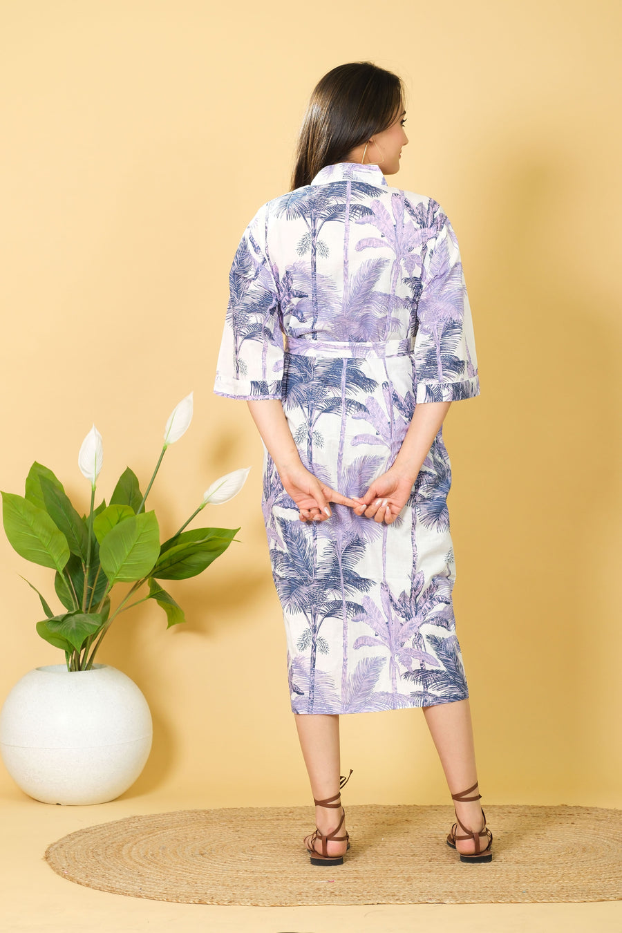 White Color Bathrobe for Women Handmade Palm Tree Pattern Design