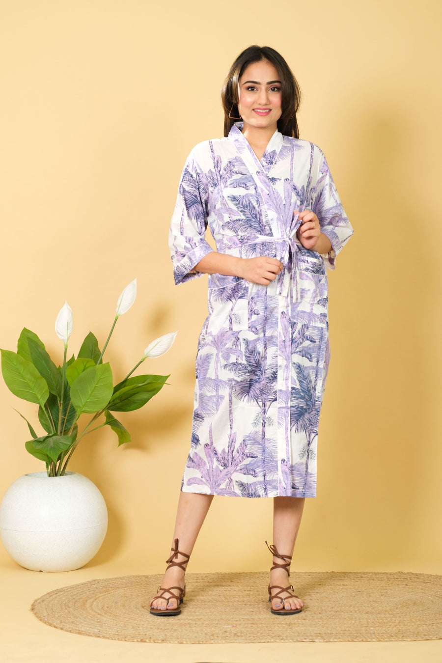 White Color Bathrobe for Women Handmade Palm Tree Pattern Design