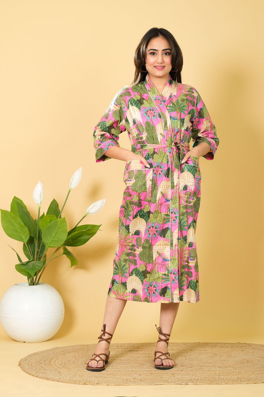 Smooth & Cozy Style Bathrobe For Women Pure Cotton Bathrobe 3/4 Sleeves Kimono Bathrobe