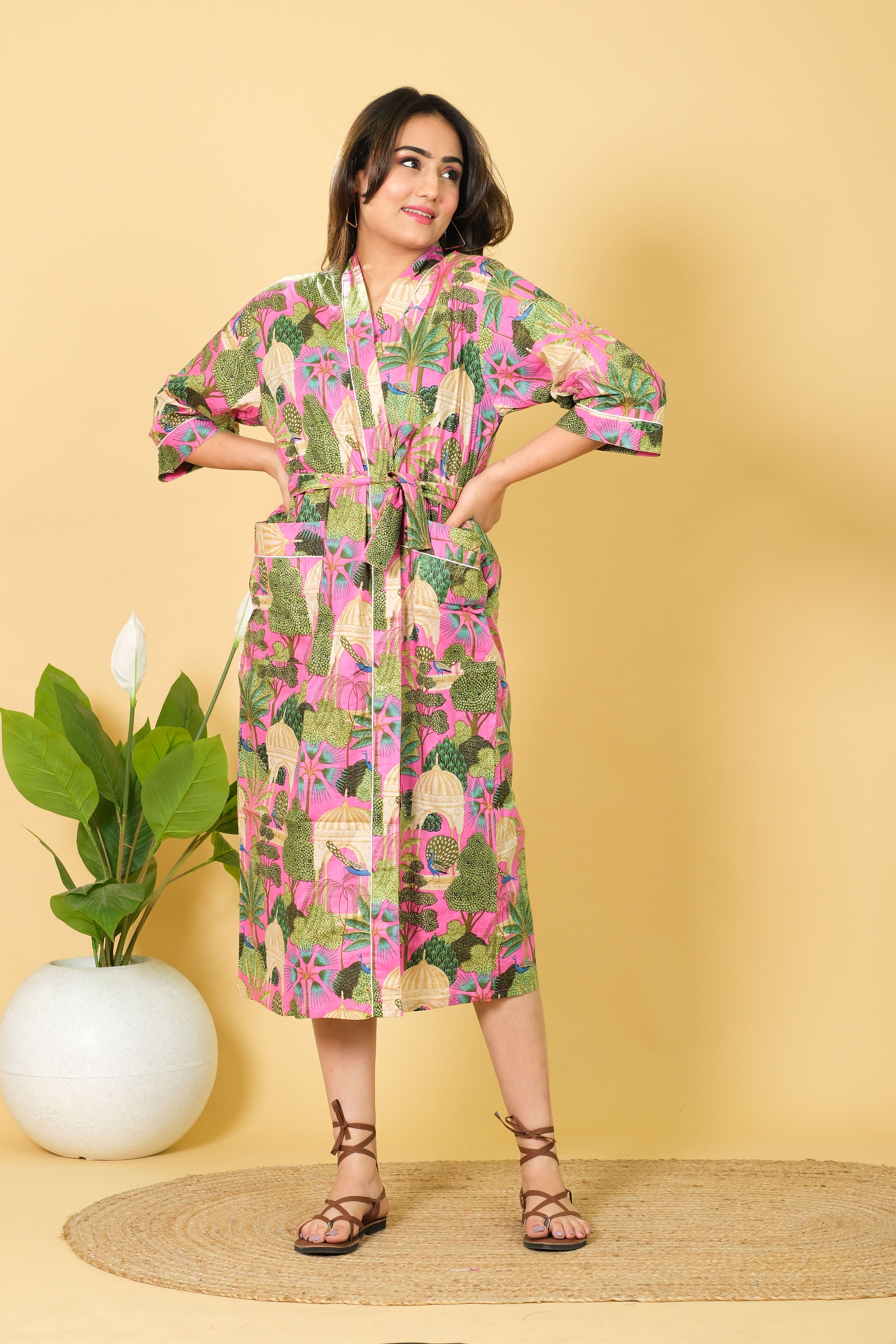 Smooth & Cozy Style Bathrobe For Women Pure Cotton Bathrobe 3/4 Sleeves Kimono Bathrobe