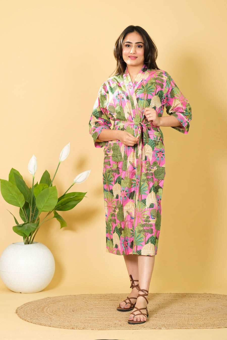 Smooth & Cozy Style Bathrobe For Women Pure Cotton Bathrobe 3/4 Sleeves Kimono Bathrobe