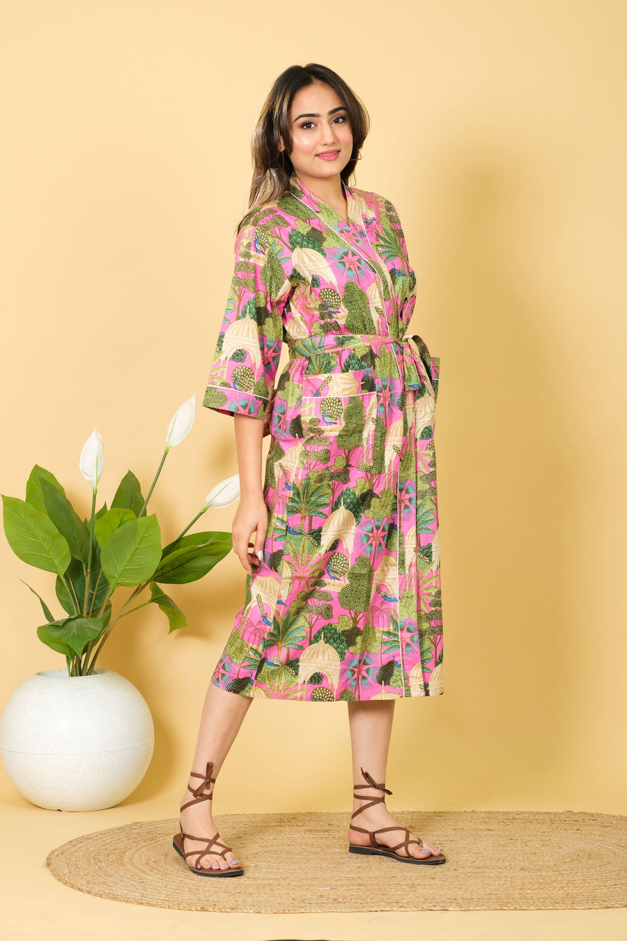 Smooth & Cozy Style Bathrobe For Women Pure Cotton Bathrobe 3/4 Sleeves Kimono Bathrobe