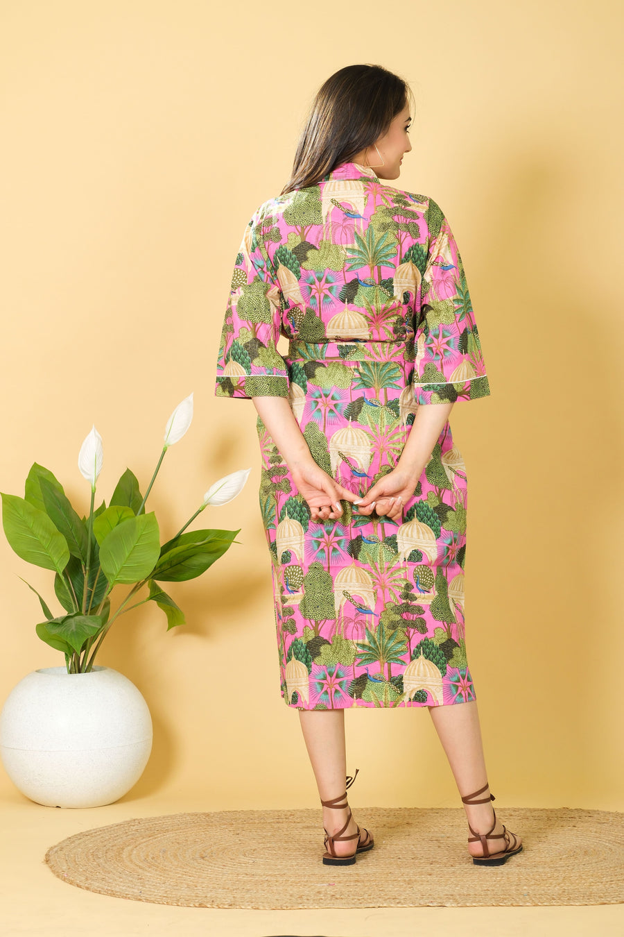 Smooth & Cozy Style Bathrobe For Women Pure Cotton Bathrobe 3/4 Sleeves Kimono Bathrobe