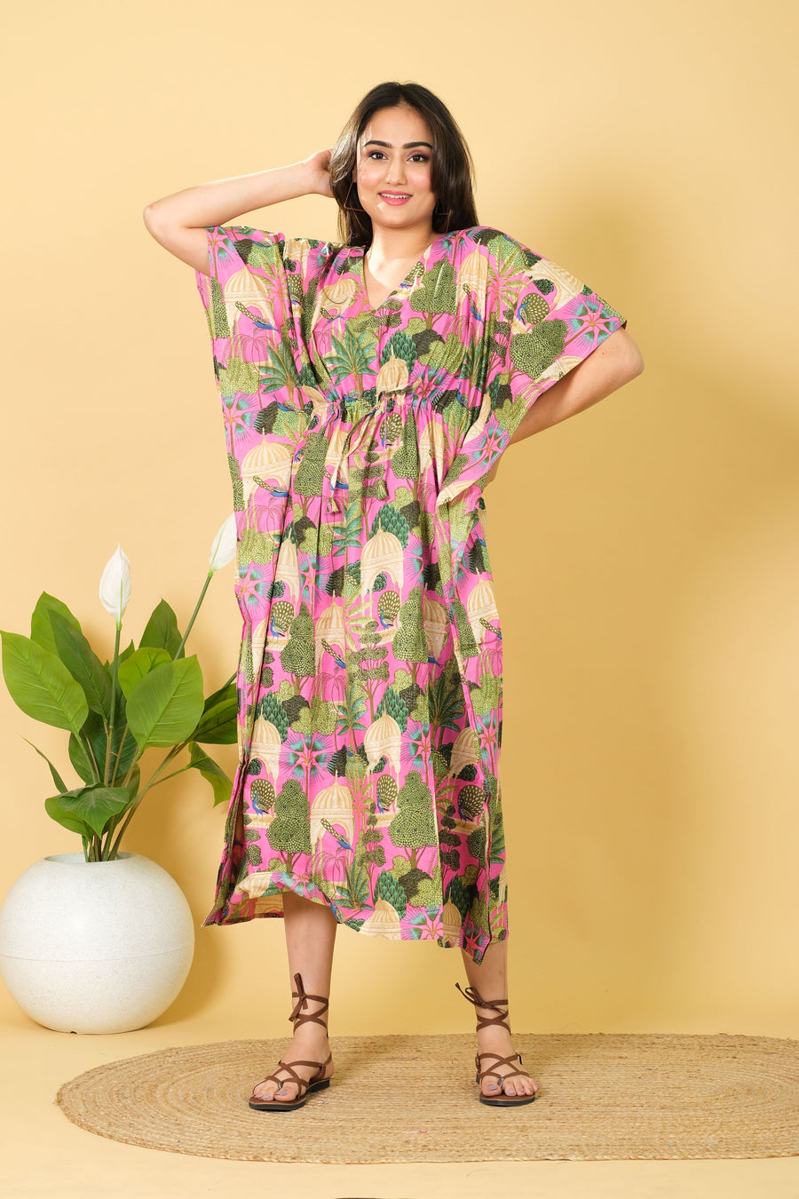 India Peacock Printed Cotton Long Beach Maxi Kaftan Dress Free Size Kaftan