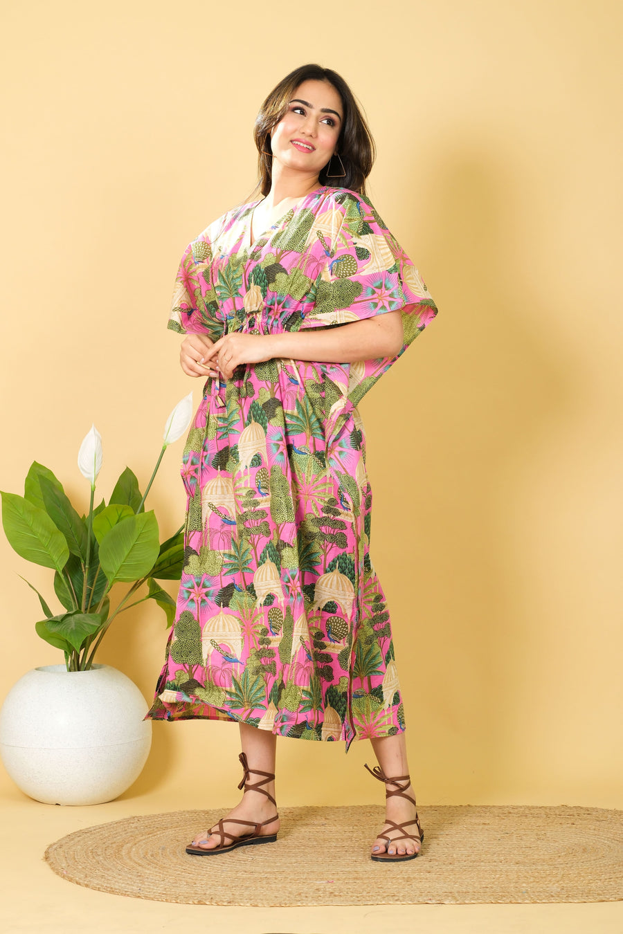 India Peacock Printed Cotton Long Beach Maxi Kaftan Dress Free Size Kaftan