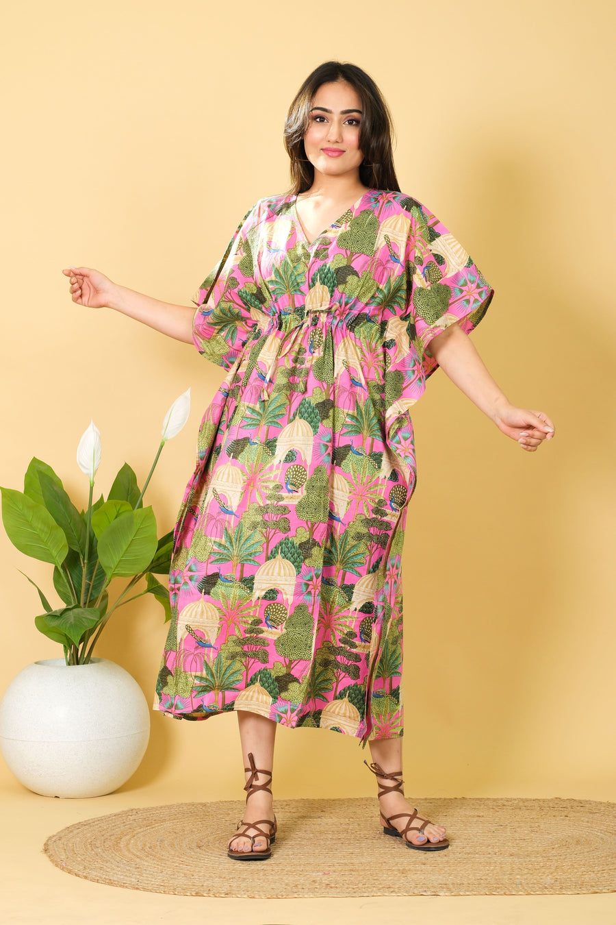 India Peacock Printed Cotton Long Beach Maxi Kaftan Dress Free Size Kaftan