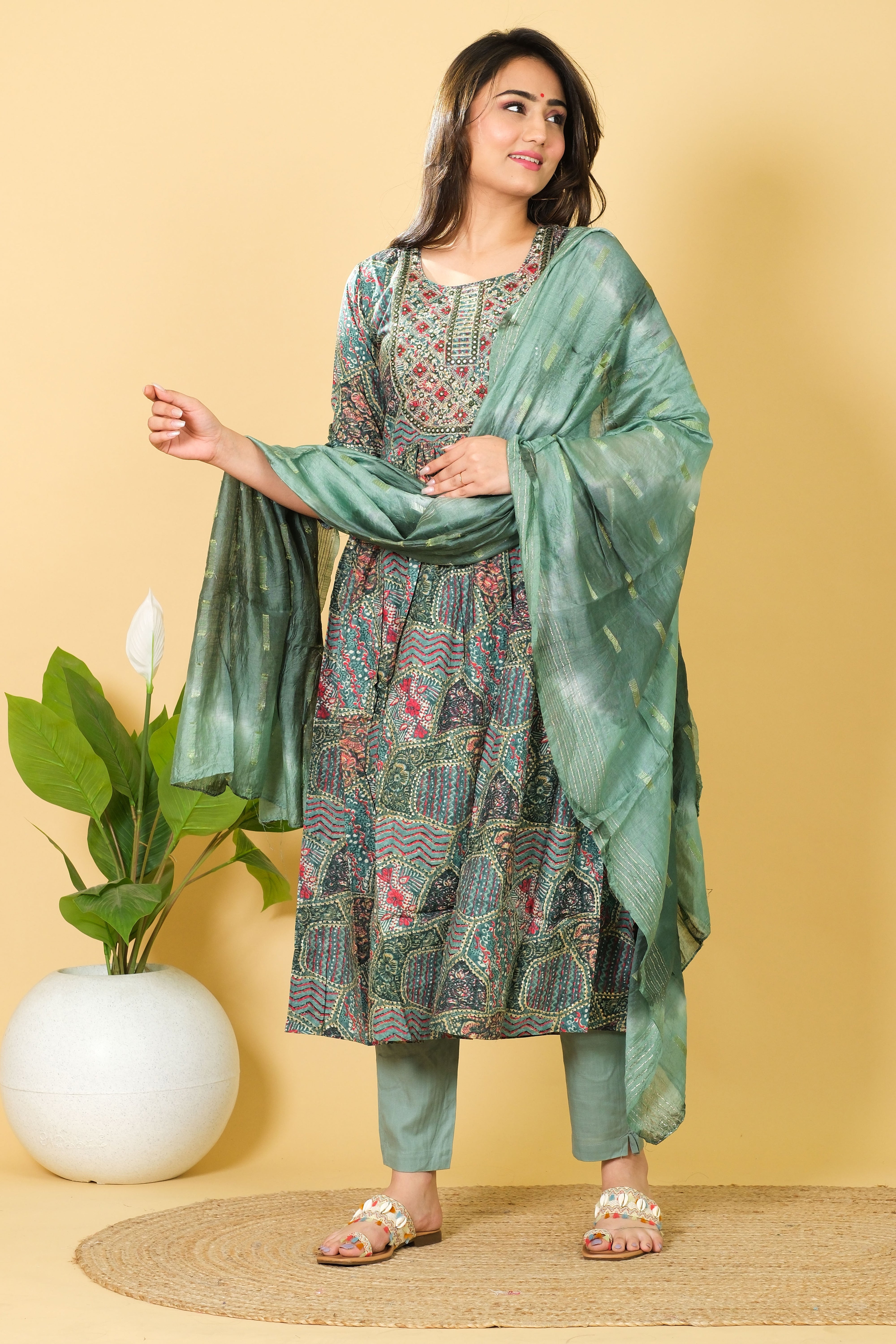 Cotton Kurti Set with Dupatta 3/4 Sleeve - Round Neck Party Wear Dress