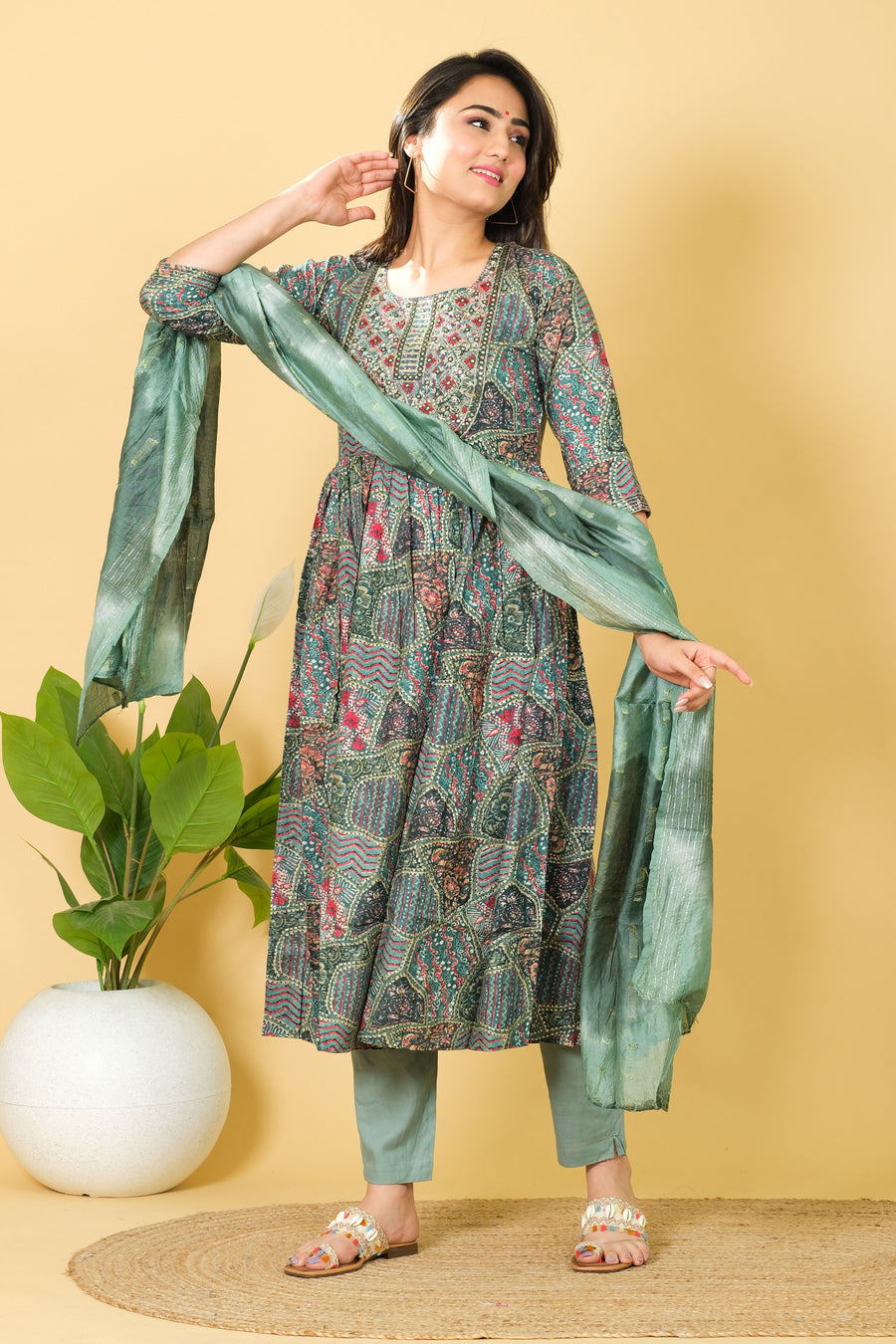 Cotton Kurti Set with Dupatta 3/4 Sleeve - Round Neck Party Wear Dress