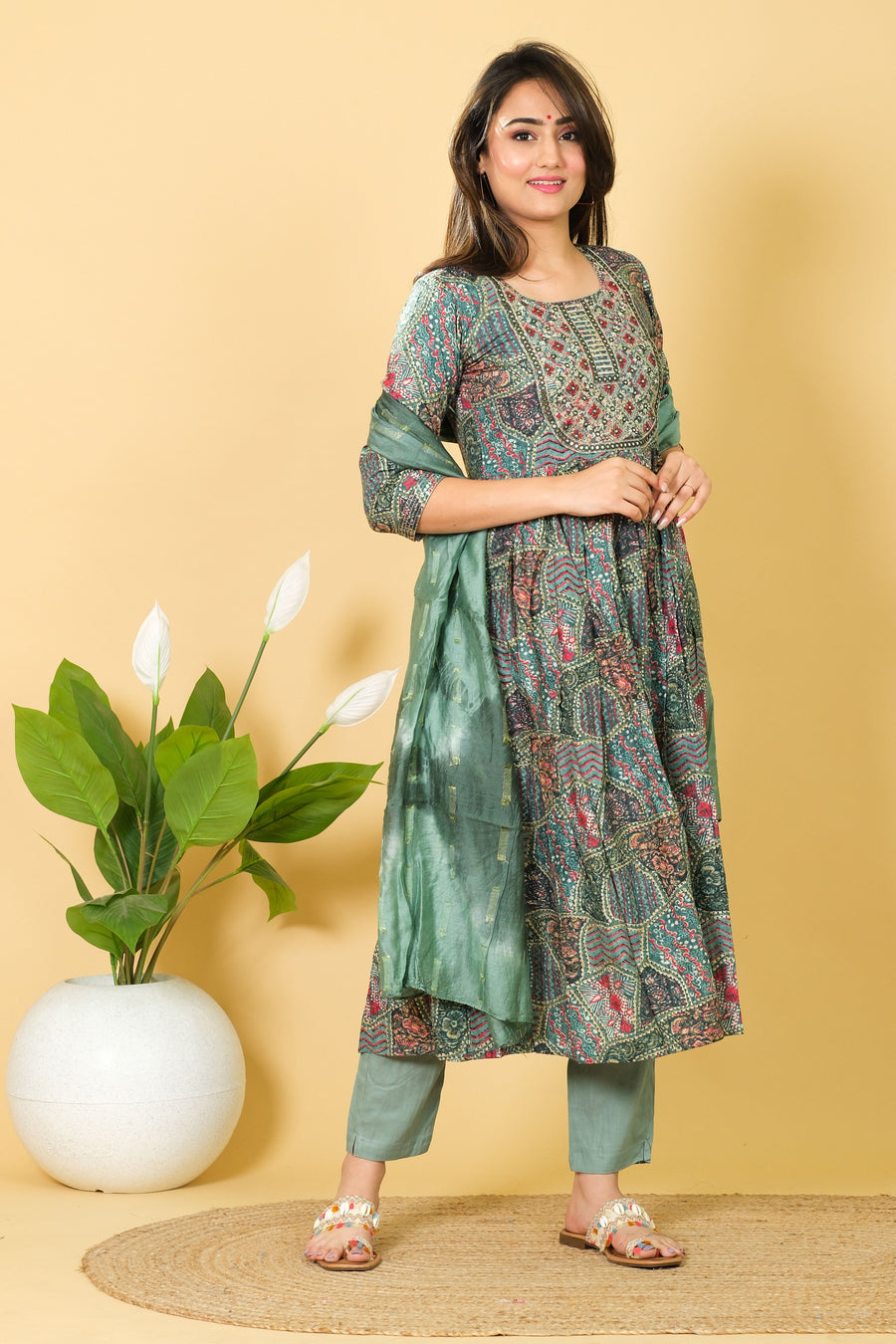 Cotton Kurti Set with Dupatta 3/4 Sleeve - Round Neck Party Wear Dress