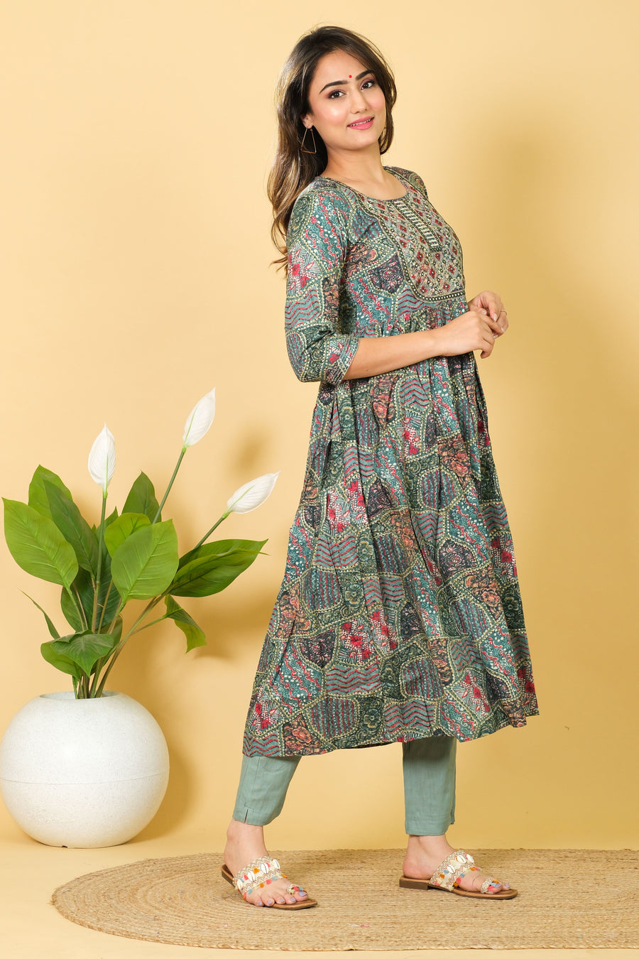 Cotton Kurti Set with Dupatta 3/4 Sleeve - Round Neck Party Wear Dress