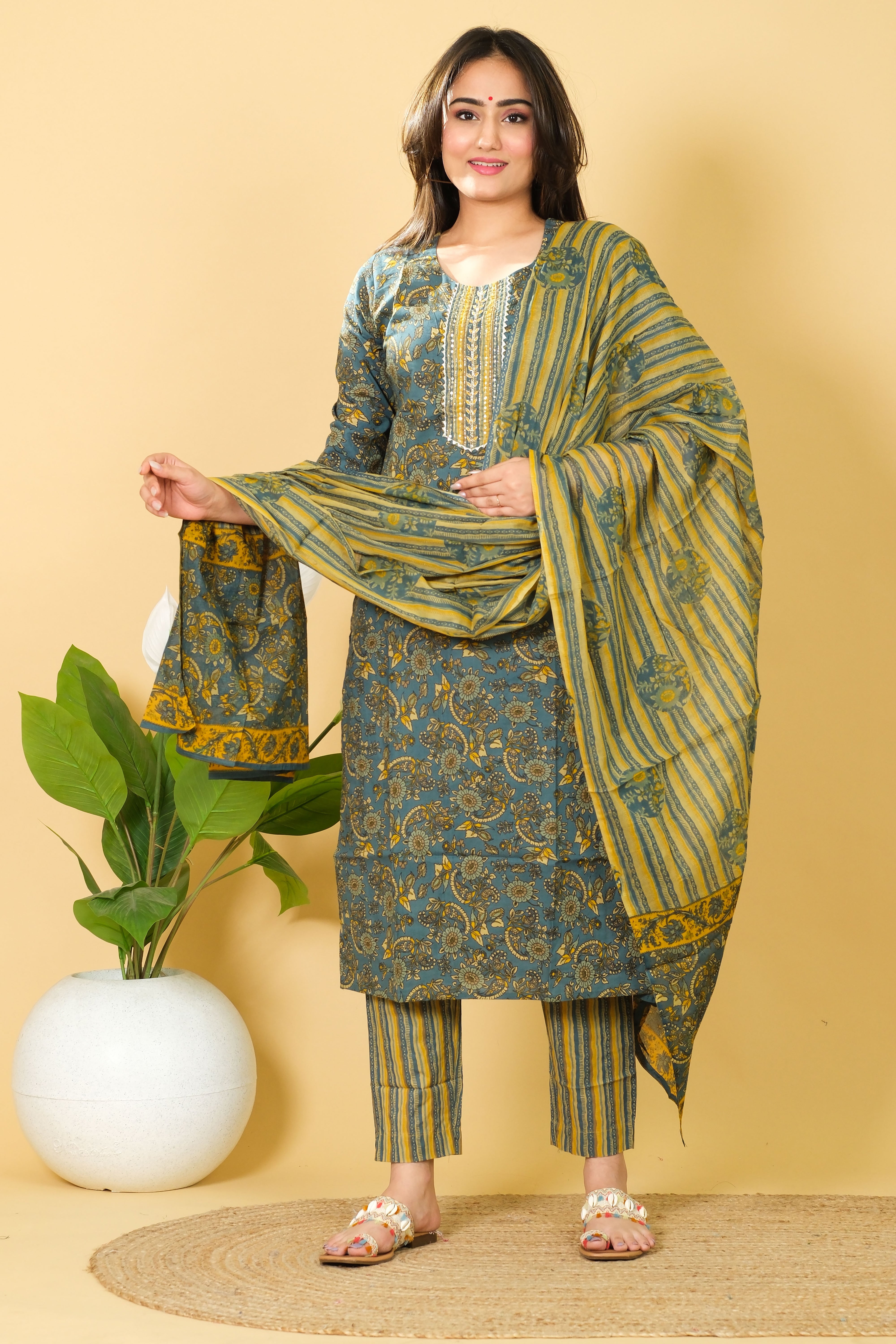 Floral Print Cotton Kurti Set with Dupatta - Casual Wear Dress