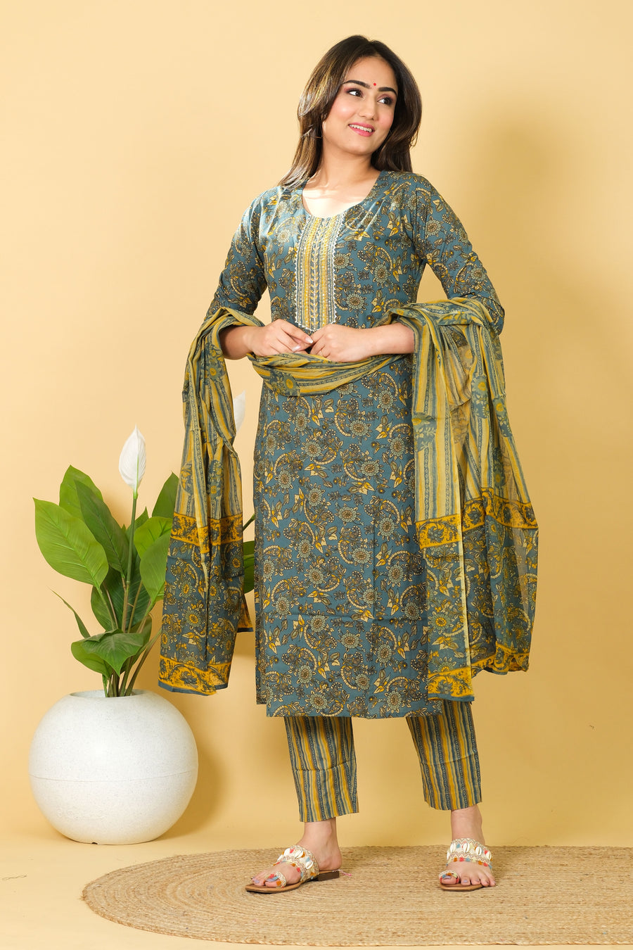 Floral Print Cotton Kurti Set with Dupatta - Casual Wear Dress