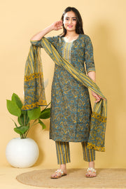 Floral Print Cotton Kurti Set with Dupatta - Casual Wear Dress