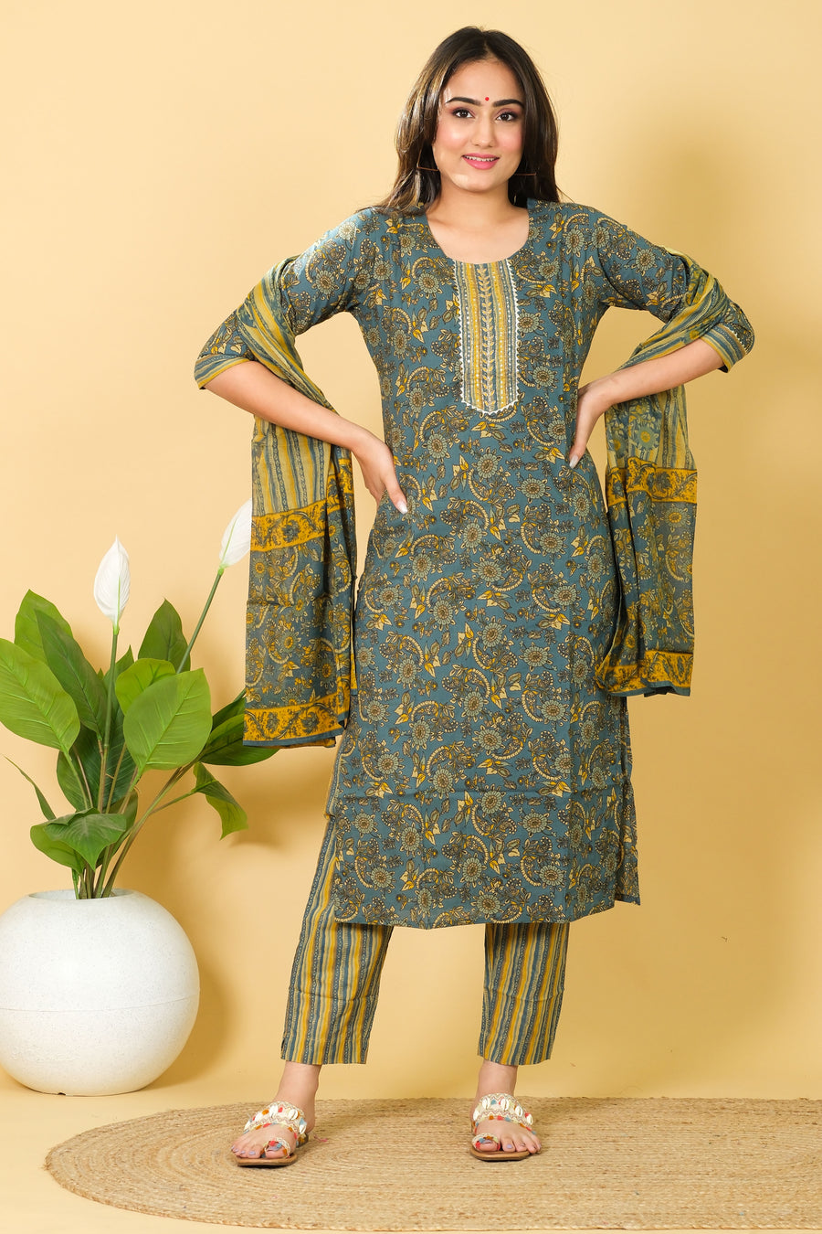 Floral Print Cotton Kurti Set with Dupatta - Casual Wear Dress