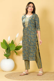 Floral Print Cotton Kurti Set with Dupatta - Casual Wear Dress