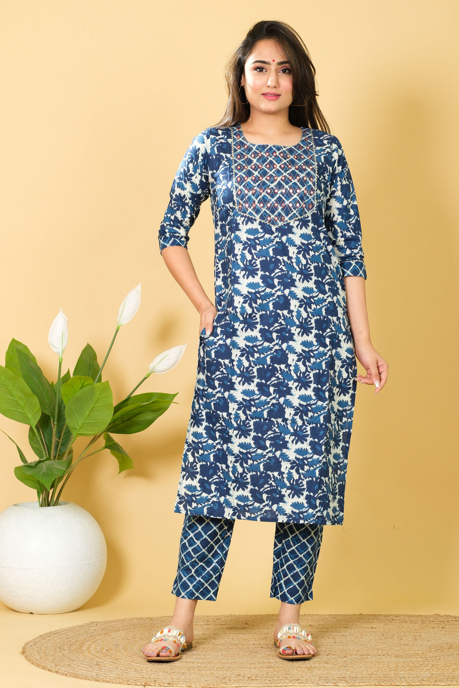 Cotton Party Wear Salwar Suit Blue & White Top Bottom Set Girls Wear Kurti