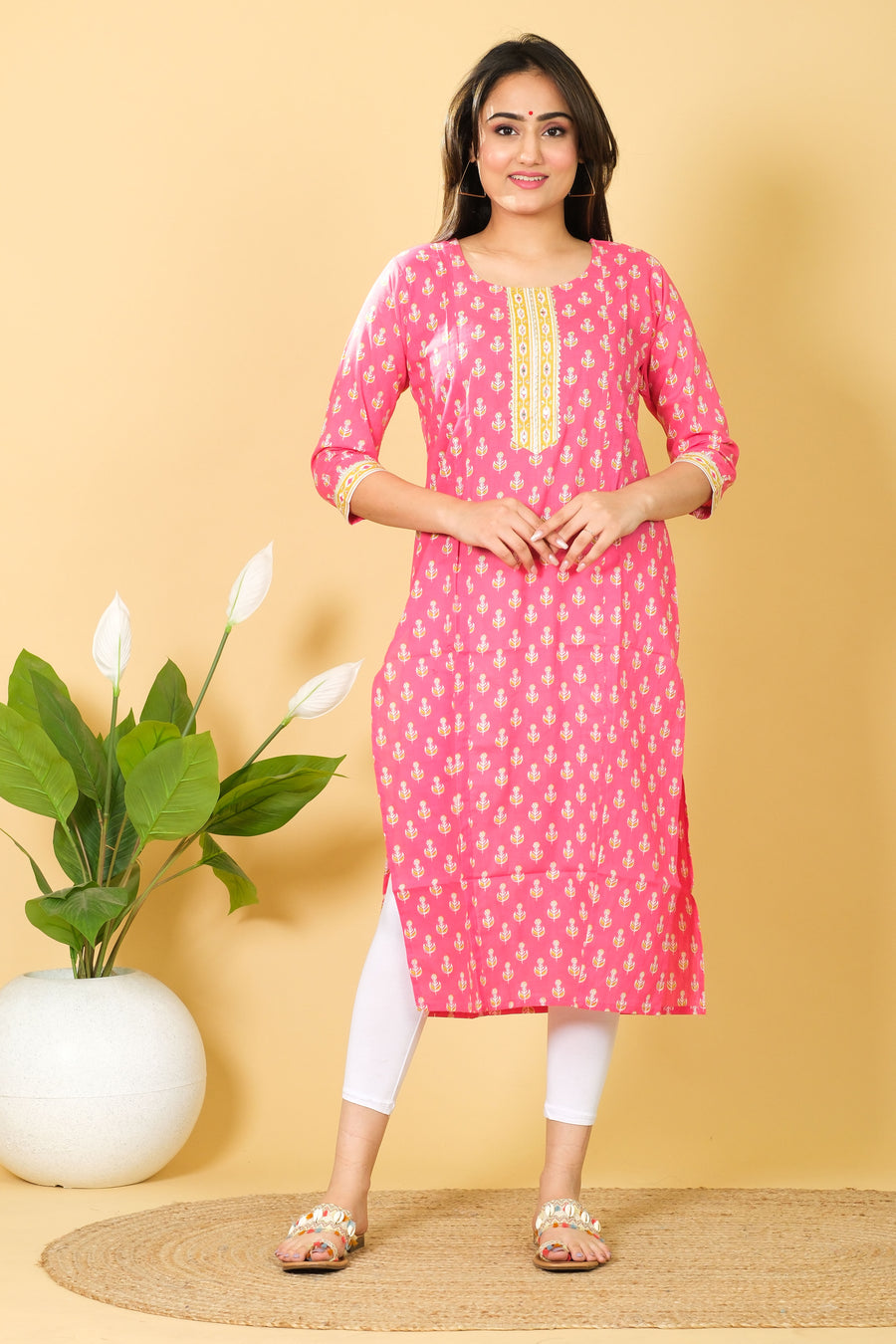 Floral Print Pink Color Cotton Kurti - Round Neck Dress for Indian Girls