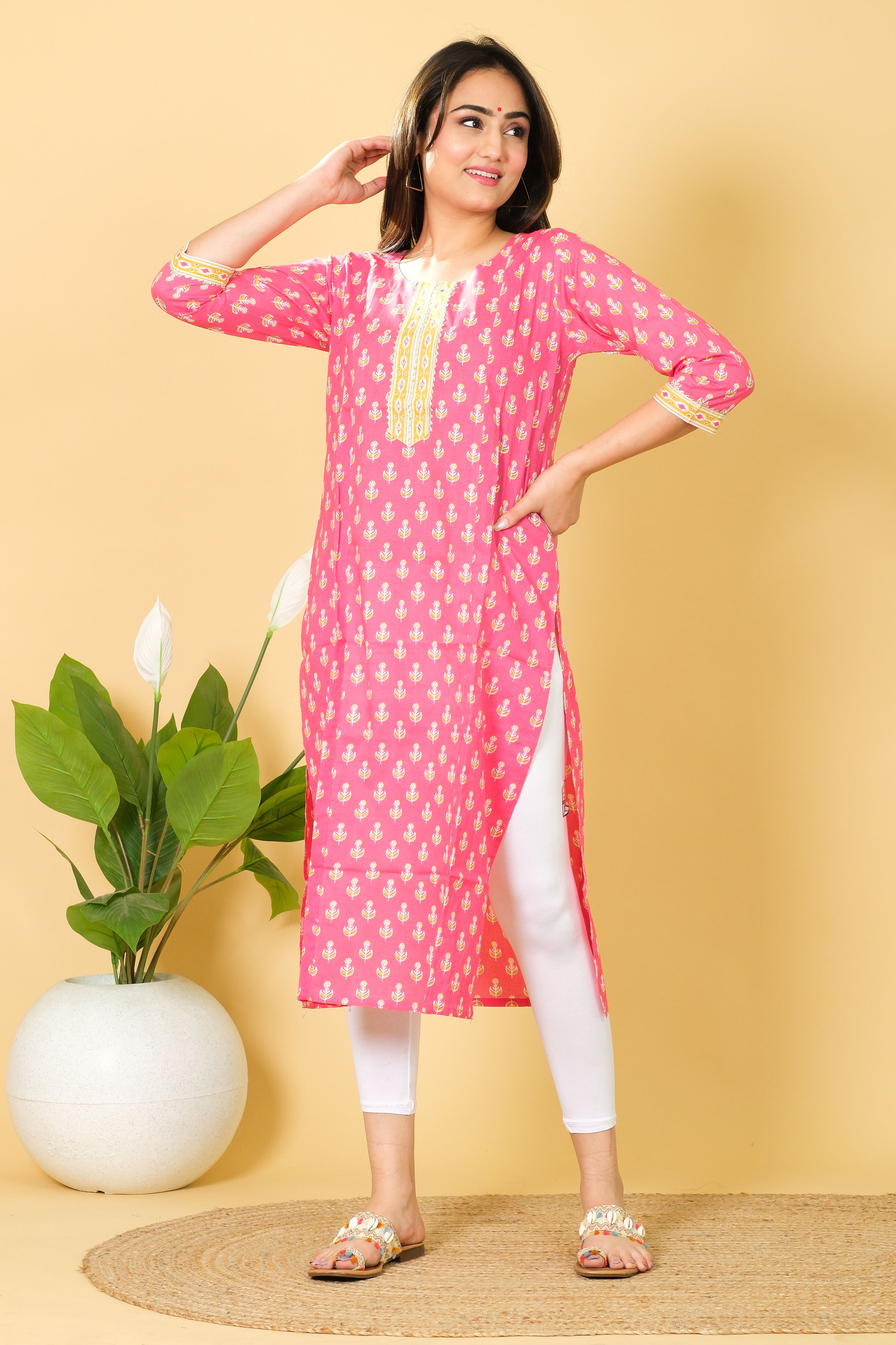 Floral Print Pink Color Cotton Kurti - Round Neck Dress for Indian Girls