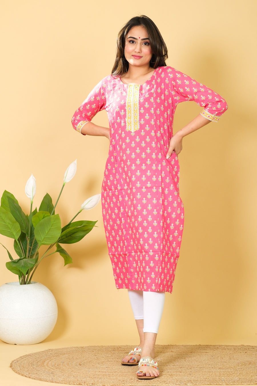 Floral Print Pink Color Cotton Kurti - Round Neck Dress for Indian Girls