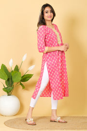 Floral Print Pink Color Cotton Kurti - Round Neck Dress for Indian Girls