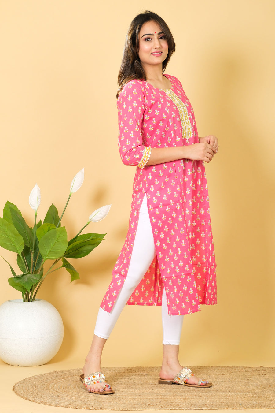 Floral Print Pink Color Cotton Kurti - Round Neck Dress for Indian Girls