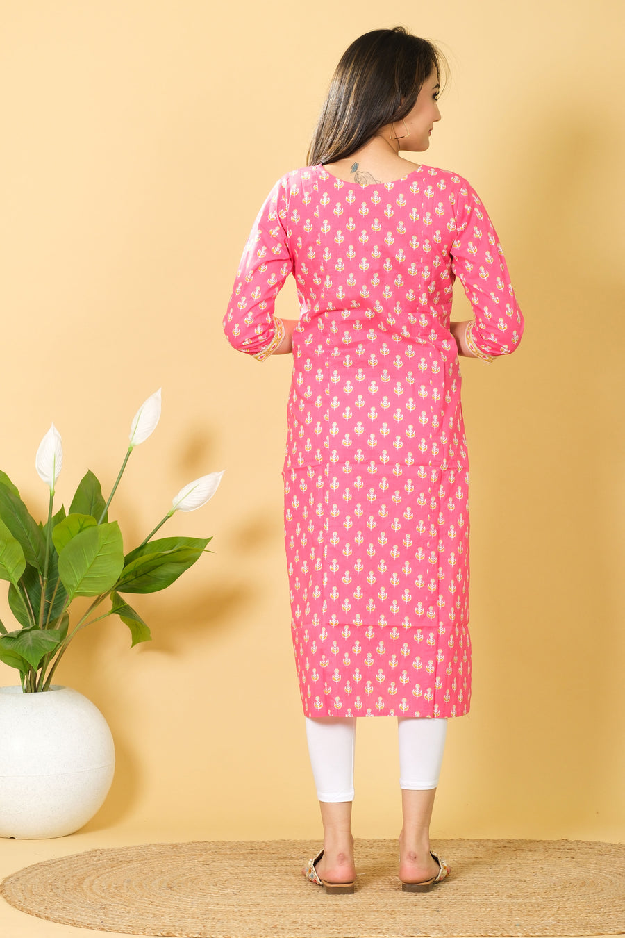 Floral Print Pink Color Cotton Kurti - Round Neck Dress for Indian Girls