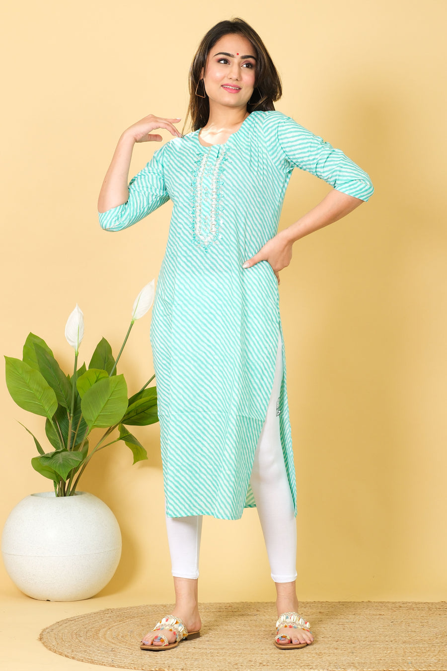 Cotton Party Wear Kurti Set Mint Green & White Top Bottom Set Girls Wear Dress