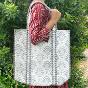 Indian Floral Print Handmade Cotton Quilted Tote Bag, Women Shoulder Bag