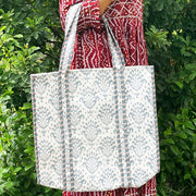 Indian Floral Print Handmade Cotton Quilted Tote Bag, Women Shoulder Bag