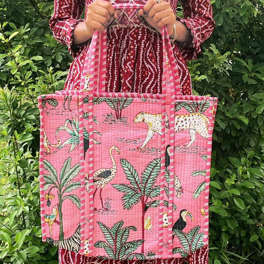 Quilted Cotton Handprinted Reversible Tote Bag, Large baby pink Jungle Print Shoulder Bag