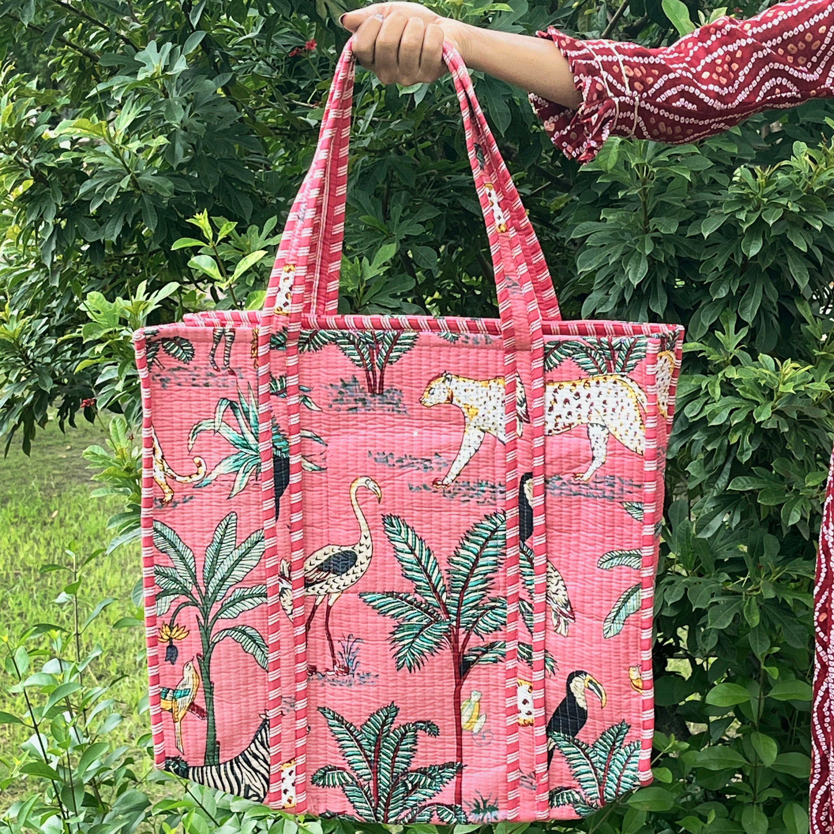 Quilted Cotton Handprinted Reversible Tote Bag, Large baby pink Jungle Print Shoulder Bag