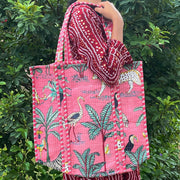 Quilted Cotton Handprinted Reversible Tote Bag, Large baby pink Jungle Print Shoulder Bag