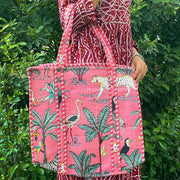 Quilted Cotton Handprinted Reversible Tote Bag, Large baby pink Jungle Print Shoulder Bag