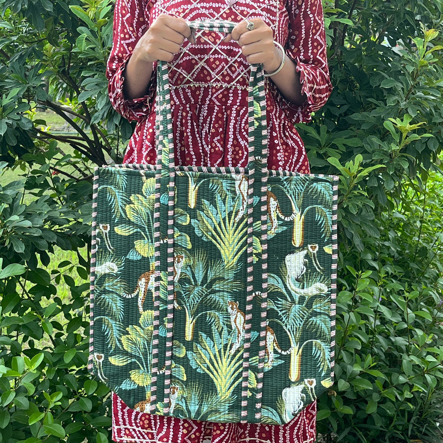 Eco-Friendly Green Jungle Print Cotton Tote Bag - Versatile & Stylish for Every Occasion