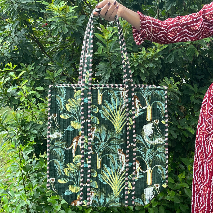 Eco-Friendly Green Jungle Print Cotton Tote Bag - Versatile & Stylish for Every Occasion