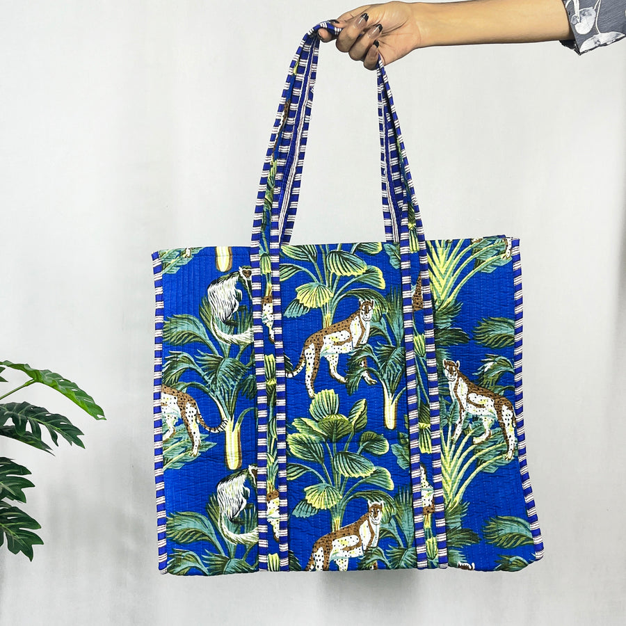 Stylish Blue Tiger Print Cotton Tote Bag - Eco-Friendly & Versatile for Every Occasion