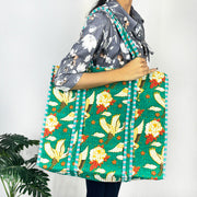 Charming Green Floral Bird Print Cotton Tote Bag - Eco-Friendly & Versatile for Every Occasion