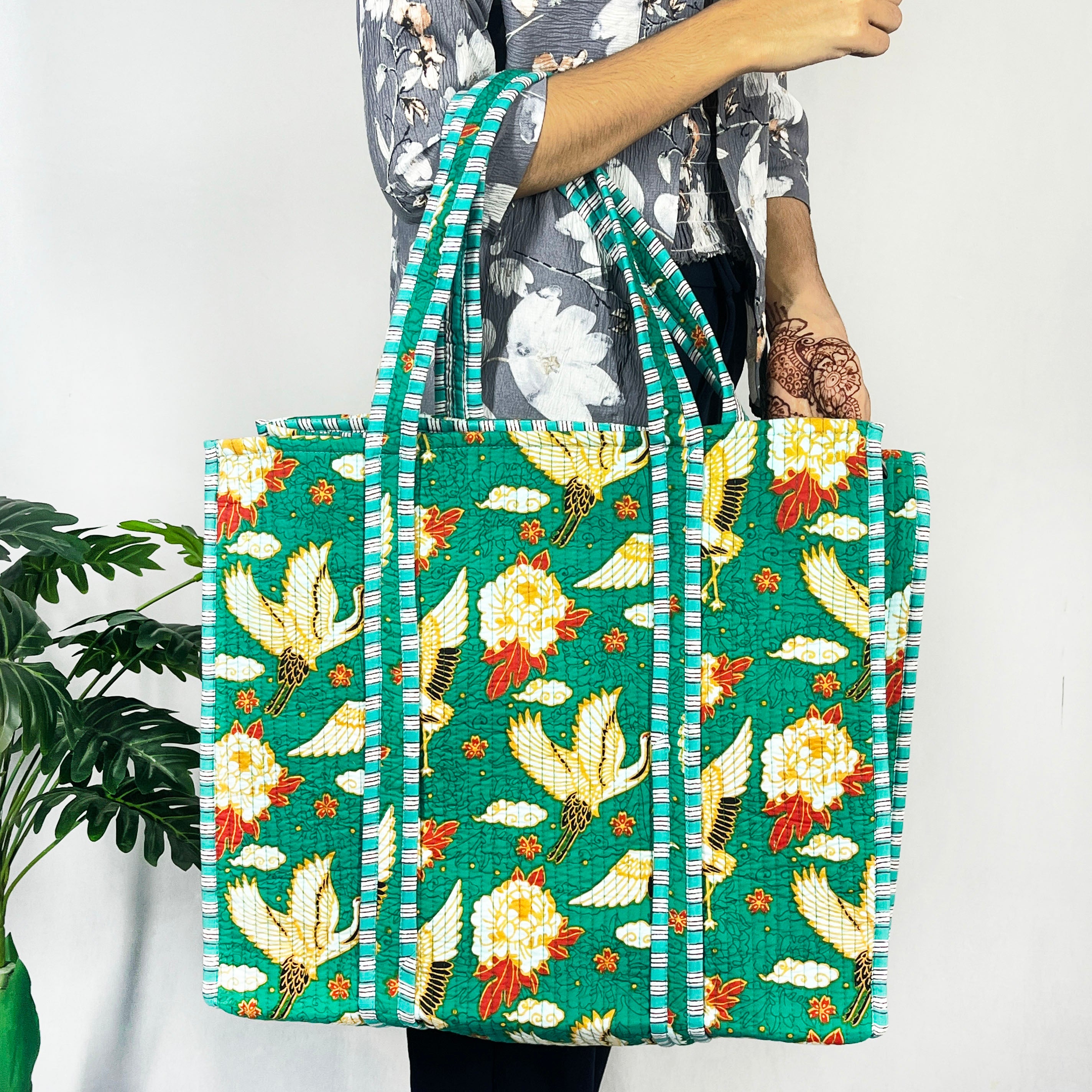 Charming Green Floral Bird Print Cotton Tote Bag - Eco-Friendly & Versatile for Every Occasion