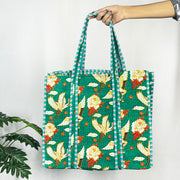 Charming Green Floral Bird Print Cotton Tote Bag - Eco-Friendly & Versatile for Every Occasion